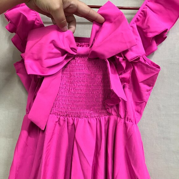 Mebius Girls 14Y Hot Pink Bow Back Square Neck Ruffle Sleeve Preppy A Line Dress - Picture 10 of 12